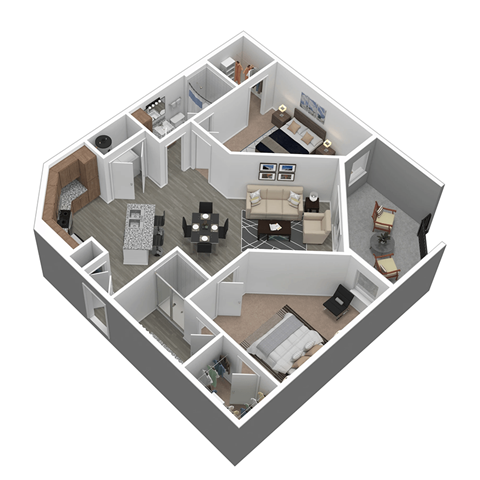 A 3D image of a house layout with a kitchen, living room, and bedrooms.